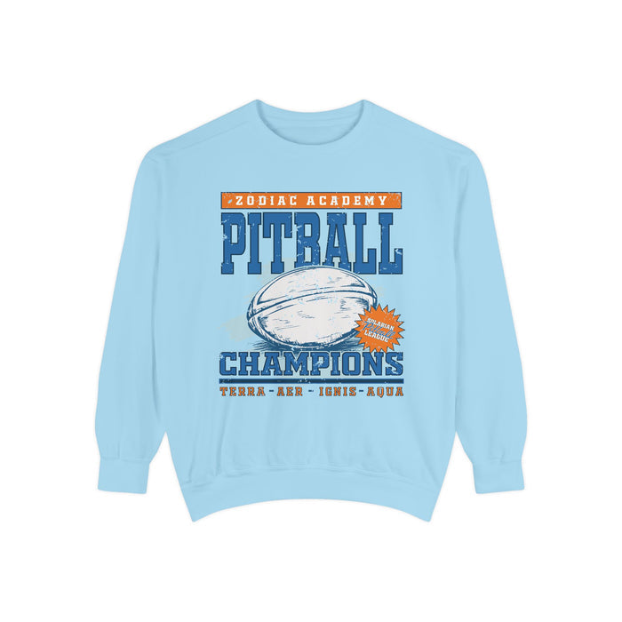 Zodiac Academy Pitball Champions oversized crewneck sweatshirt in vintage-washed light blue with bold graphic print and retro text in blue and orange from thtgrlreads.