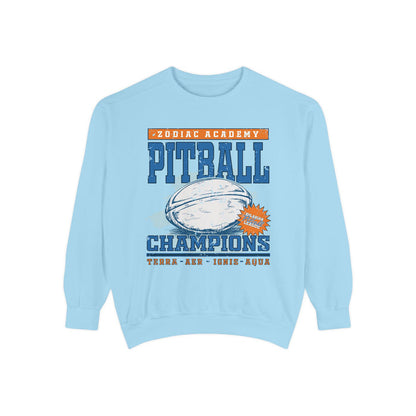 Zodiac Academy Pitball Champions oversized crewneck sweatshirt in vintage-washed light blue with bold graphic print and retro text in blue and orange from thtgrlreads.