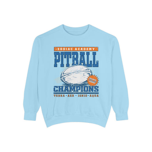 Zodiac Academy Pitball Champions oversized crewneck sweatshirt in vintage-washed light blue with bold graphic print and retro text in blue and orange from thtgrlreads.