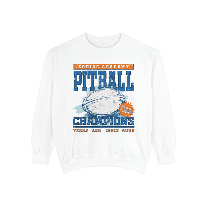 Zodiac Academy themed crewneck sweatshirt from thtgrlreads featuring a vintage-style pitball graphic with distressed text in bold blue and orange on a soft Comfort Colors cotton blend.