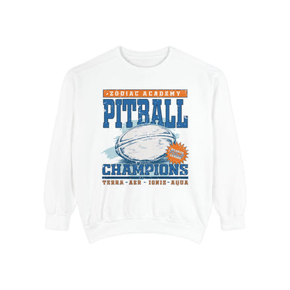 Zodiac Academy themed crewneck sweatshirt from thtgrlreads featuring a vintage-style pitball graphic with distressed text in bold blue and orange on a soft Comfort Colors cotton blend.