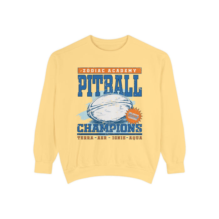 Zodiac Academy crewneck sweatshirt by thtgrlreads featuring vintage-wash soft yellow Comfort Colors fabric with bold blue and orange Pitball Champions graphic print, part of Zodiac Academy and Crewnecks collections.