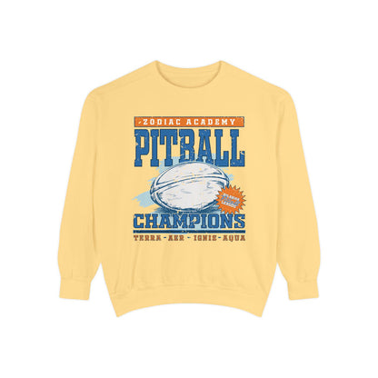 Zodiac Academy crewneck sweatshirt by thtgrlreads featuring vintage-wash soft yellow Comfort Colors fabric with bold blue and orange Pitball Champions graphic print, part of Zodiac Academy and Crewnecks collections.