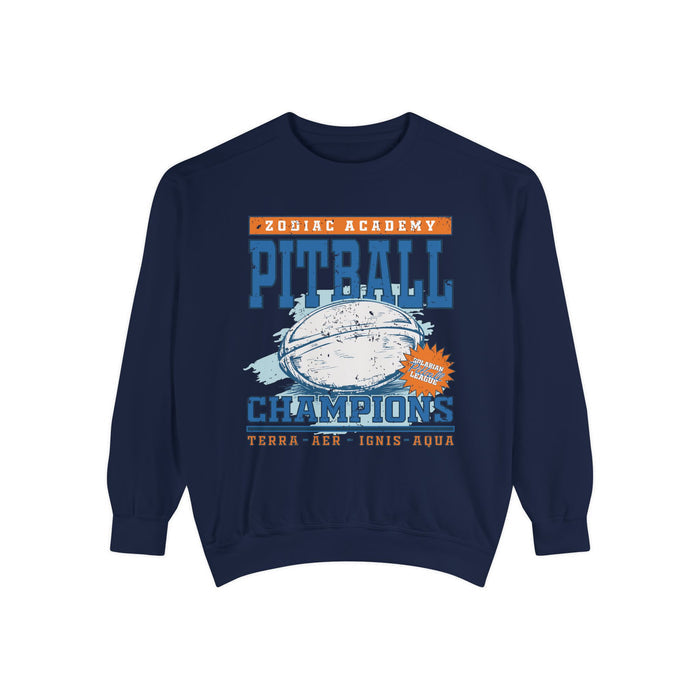 Zodiac Academy-themed oversized crewneck sweatshirt from thtgrlreads featuring vintage puff print of a rugby ball with "Pitball Champions" text and elemental names on a navy Comfort Colors base.