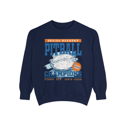 Zodiac Academy-themed oversized crewneck sweatshirt from thtgrlreads featuring vintage puff print of a rugby ball with "Pitball Champions" text and elemental names on a navy Comfort Colors base.