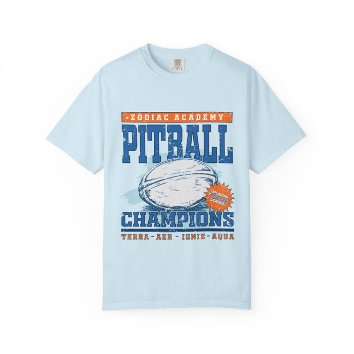 Zodiac Academy-themed Comfort Colors graphic tee from thtgrlreads featuring vintage-style pitball champions print with team names Terra, Aer, Ignis, and Aqua in bold collegiate font.