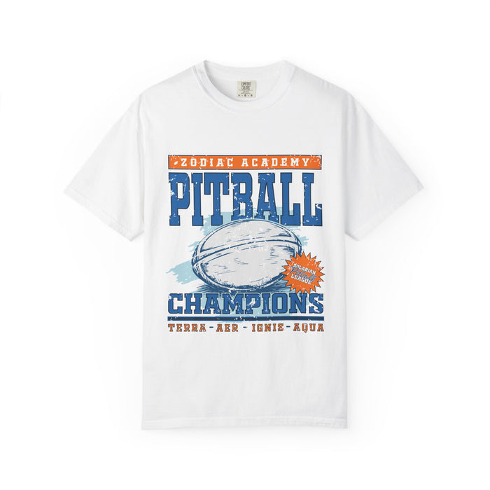Zodiac Academy-themed Comfort Colors graphic tee by thtgrlreads featuring a vintage-wash white base with bold blue and orange Pitball Champions print and elemental team names.