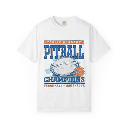 Zodiac Academy-themed Comfort Colors graphic tee by thtgrlreads featuring a vintage-wash white base with bold blue and orange Pitball Champions print and elemental team names.