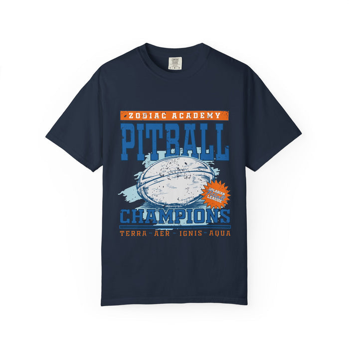 Zodiac Academy collection Comfort Colors graphic tee by thtgrlreads featuring vintage-style Pitball Champions print with distressed football graphic and elemental names Terra, Aer, Ignis, Aqua.