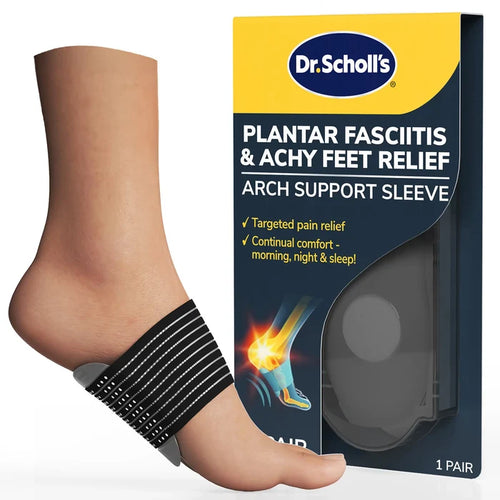 Black arch support sleeve with striped compression band for plantar fasciitis relief