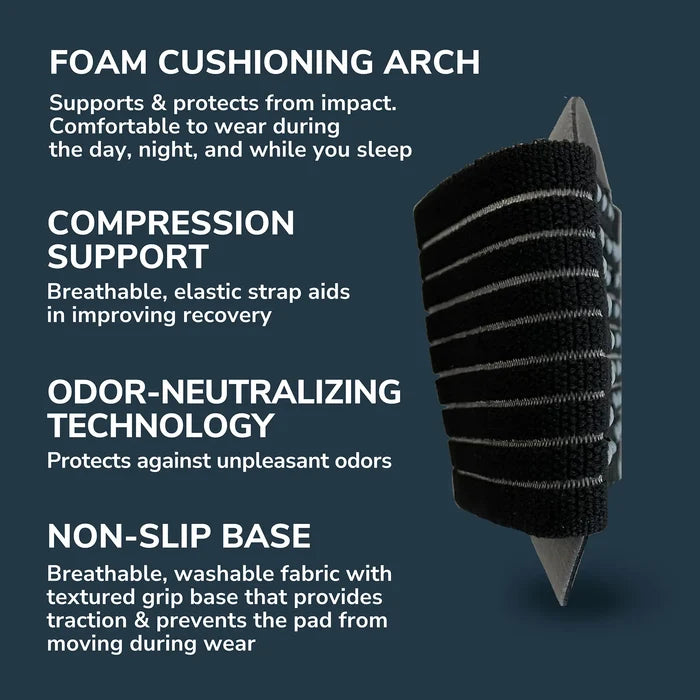 Black arch support sleeve close-up with foam cushioning, compression strap, non-slip base