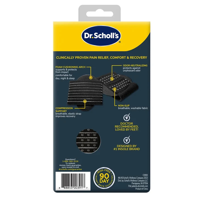 Dr. Scholl's plantar fasciitis arch support sleeve package with sleeve feature diagrams