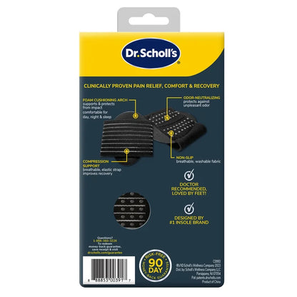 Dr. Scholl's plantar fasciitis arch support sleeve package with sleeve feature diagrams