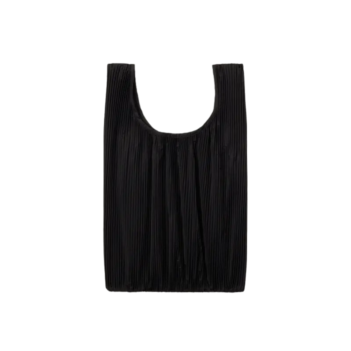 Pleated Baggu tote in black with vertical ribbed texture and wide U-shaped opening