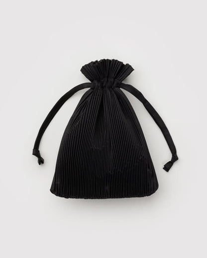 Pleated Baggu black drawstring pouch with gathered top and braided cord ties