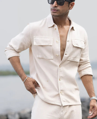 Powerlook Beige Cotton Denim Overshirt