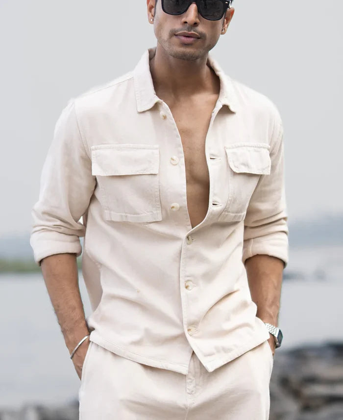 Powerlook Beige Cotton Denim Overshirt