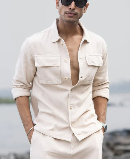 Powerlook Beige Cotton Denim Overshirt