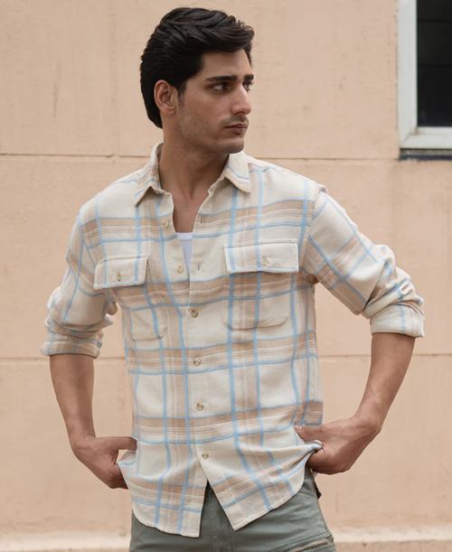 Powerlook Beige Double Pocket Checkered Shirt