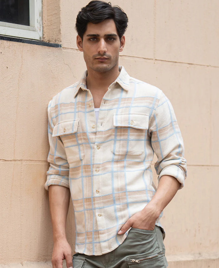 Powerlook Beige Double Pocket Checkered Shirt