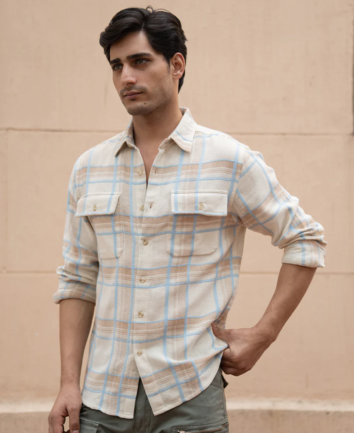 Powerlook Beige Double Pocket Checkered Shirt