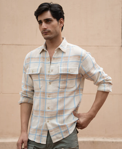 Powerlook Beige Double Pocket Checkered Shirt