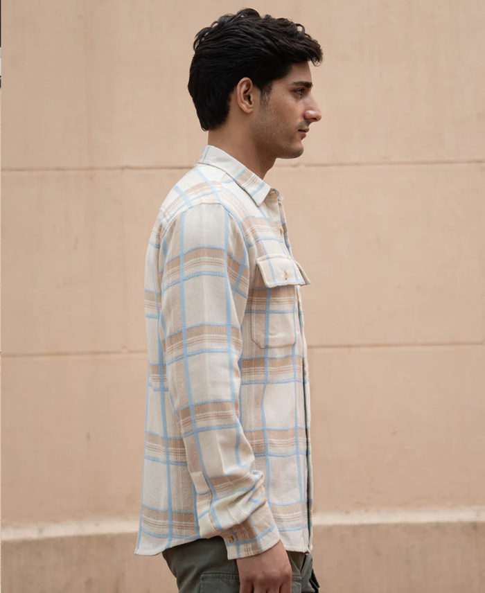 Powerlook Beige Double Pocket Checkered Shirt
