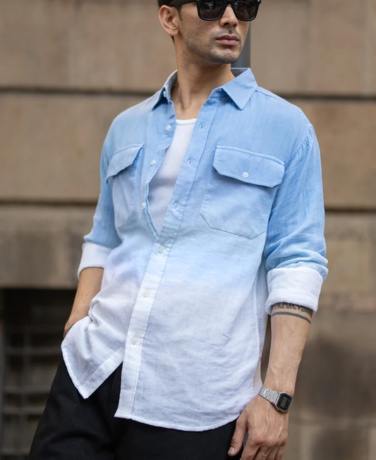 Powerlook Blue Ombre Double Pocket Cotton Shirt