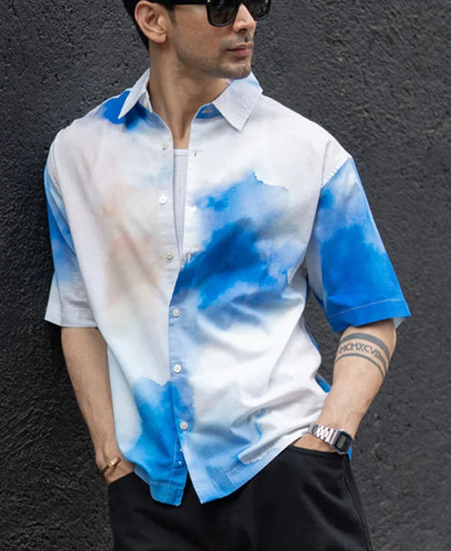 Powerlook Blue Tie-Dye Print Cotton Shirt