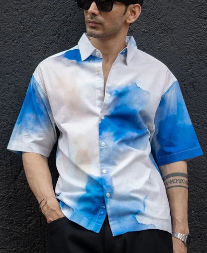 Powerlook Blue Tie-Dye Print Cotton Shirt