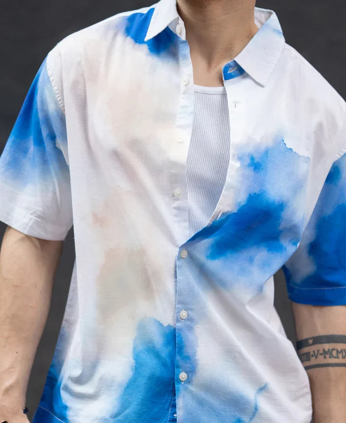 Powerlook Blue Tie-Dye Print Cotton Shirt
