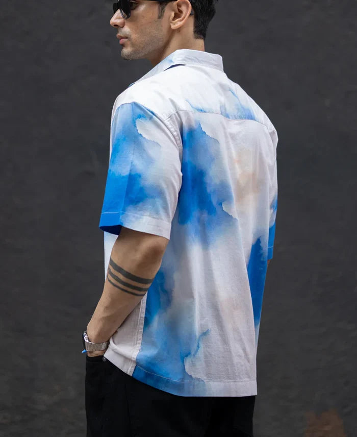 Powerlook Blue Tie-Dye Print Cotton Shirt