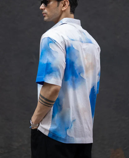 Powerlook Blue Tie-Dye Print Cotton Shirt