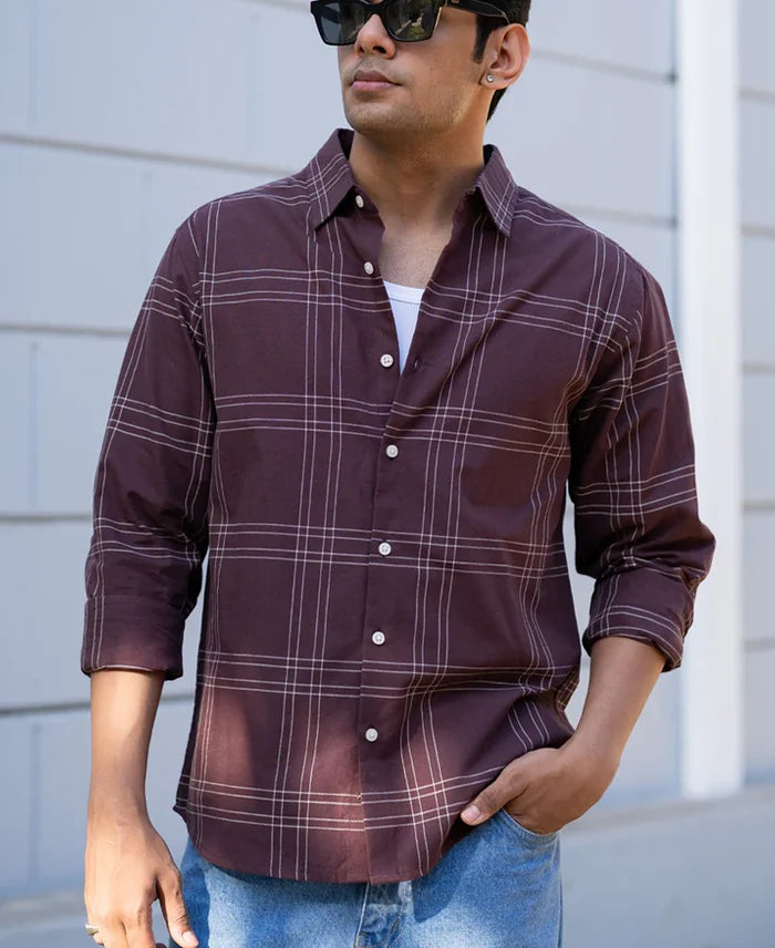 Powerlook Brown Checkered Linen Blend Cotton Shirt
