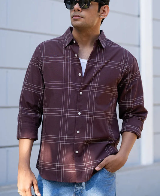 Powerlook Brown Checkered Linen Blend Cotton Shirt