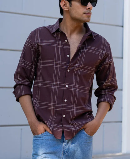 Powerlook Brown Checkered Linen Blend Cotton Shirt
