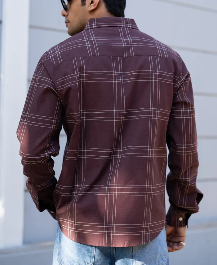 Powerlook Brown Checkered Linen Blend Cotton Shirt