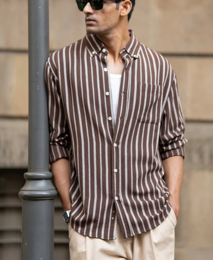 Powerlook Brown Striped Linen Blend Shirt