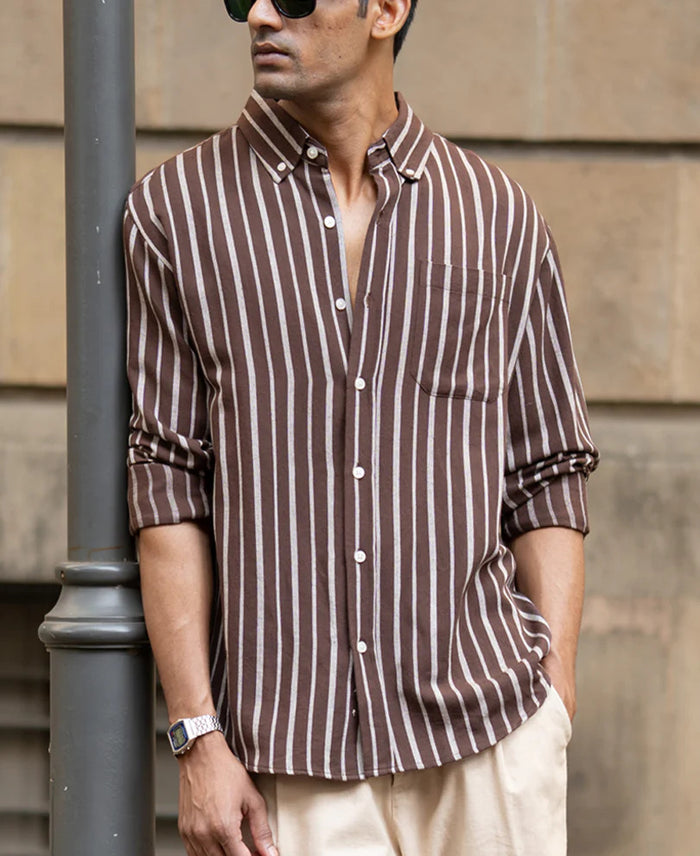 Powerlook Brown Striped Linen Blend Shirt
