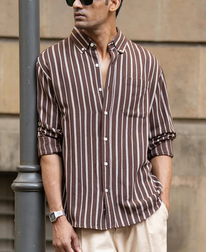 Powerlook Brown Striped Linen Blend Shirt