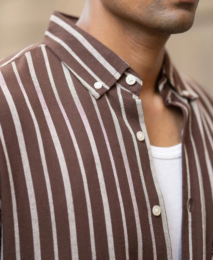 Powerlook Brown Striped Linen Blend Shirt