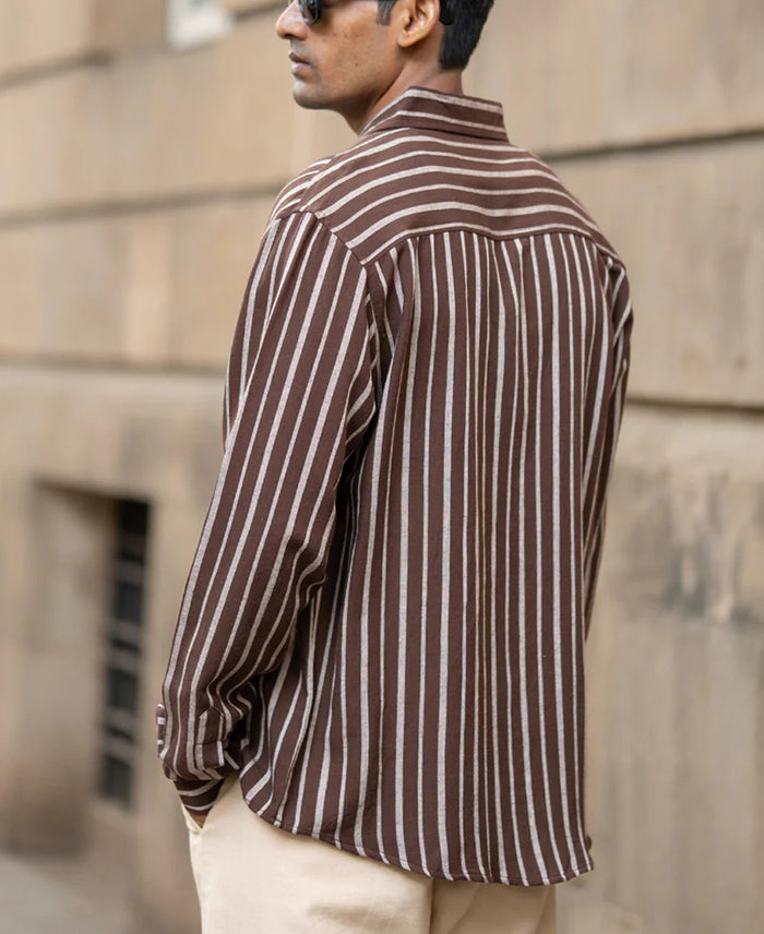 Powerlook Brown Striped Linen Blend Shirt