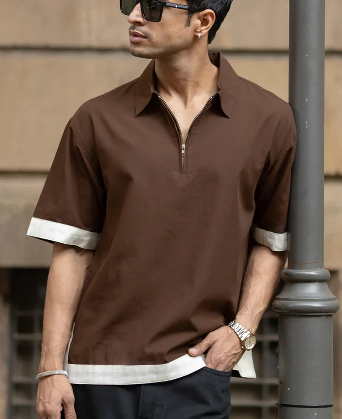 Powerlook Dark Brown Cotton Boxy Fit Zip-Up Shirt
