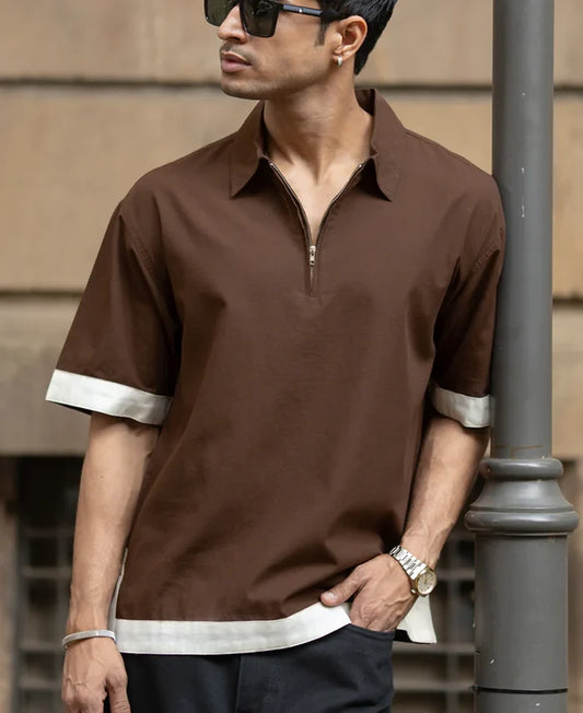 Powerlook Dark Brown Cotton Boxy Fit Zip-Up Shirt