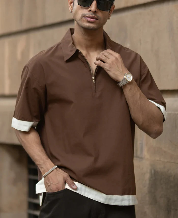 Powerlook Dark Brown Cotton Boxy Fit Zip-Up Shirt