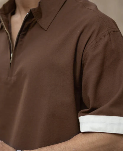 Powerlook Dark Brown Cotton Boxy Fit Zip-Up Shirt