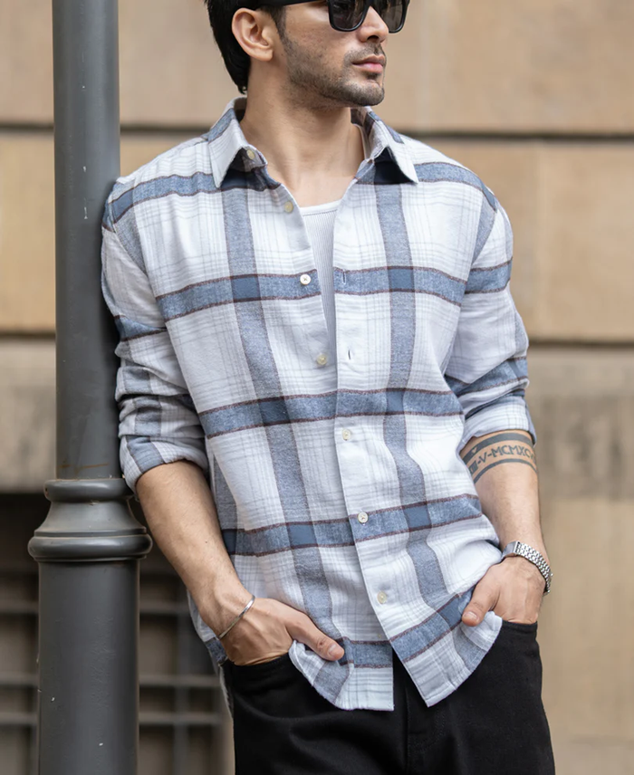 Powerlook Grey Structured Checked Cotton Shirt