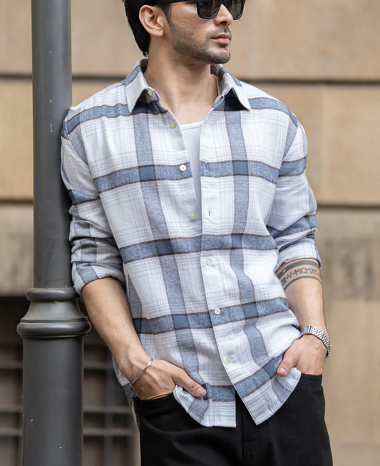 Powerlook Grey Structured Checked Cotton Shirt