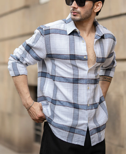 Powerlook Grey Structured Checked Cotton Shirt