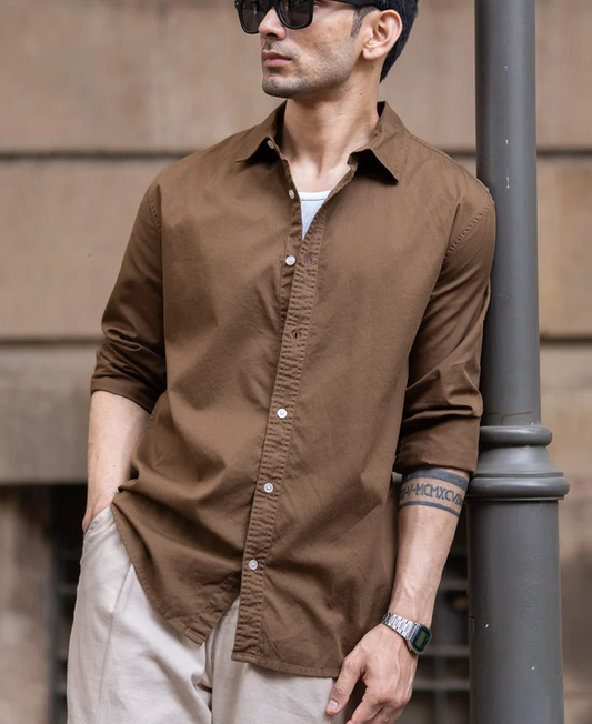 Powerlook Tan Brown Washed Cotton Shirt